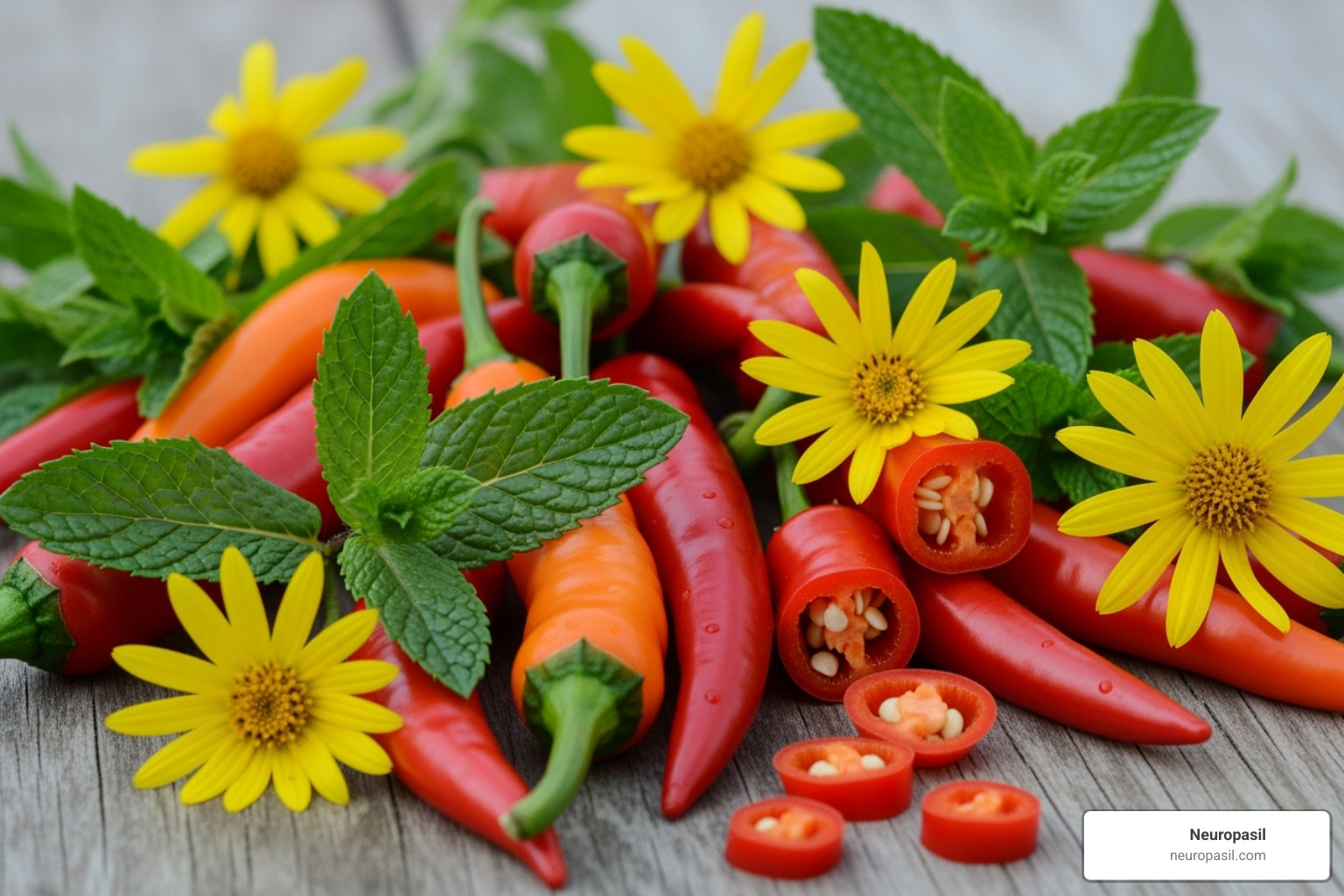 key natural ingredients like chili peppers, mint leaves, and arnica flowers - foot neuropathy cream