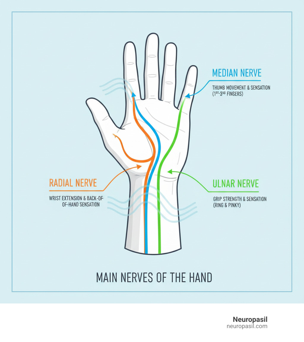 Detailed infographic showing the three main nerves of the hand: the median nerve running through the center and controlling thumb movement and sensation in the first three fingers, the ulnar nerve on the pinky side controlling grip strength and sensation in the ring and pinky fingers, and the radial nerve on the thumb side controlling wrist extension and back-of-hand sensation, with clear anatomical pathways marked from wrist to fingertips - nerve pain in hands infographic 