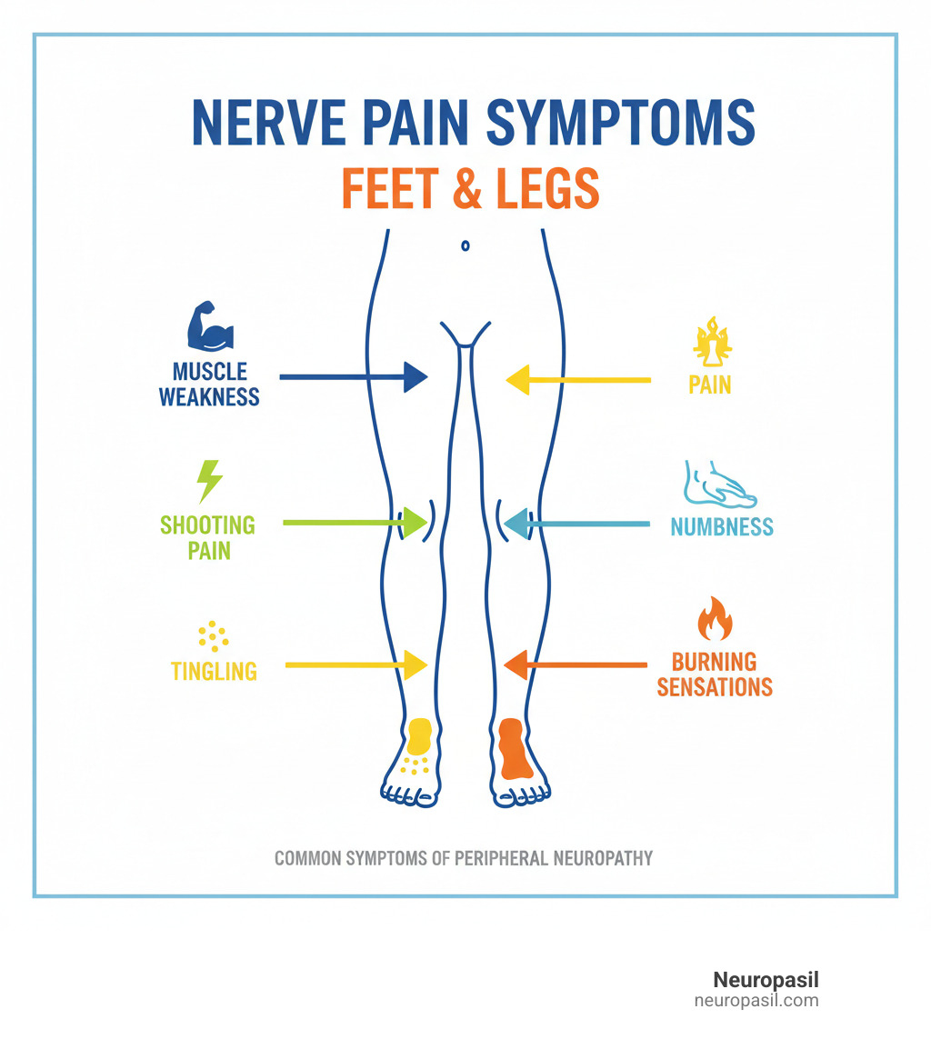 Infographic showing common nerve pain symptoms in feet and legs including burning sensations, tingling, numbness, shooting pain, and muscle weakness, with arrows pointing to affected areas from toes to calves - home remedies for nerve pain in feet and legs infographic 