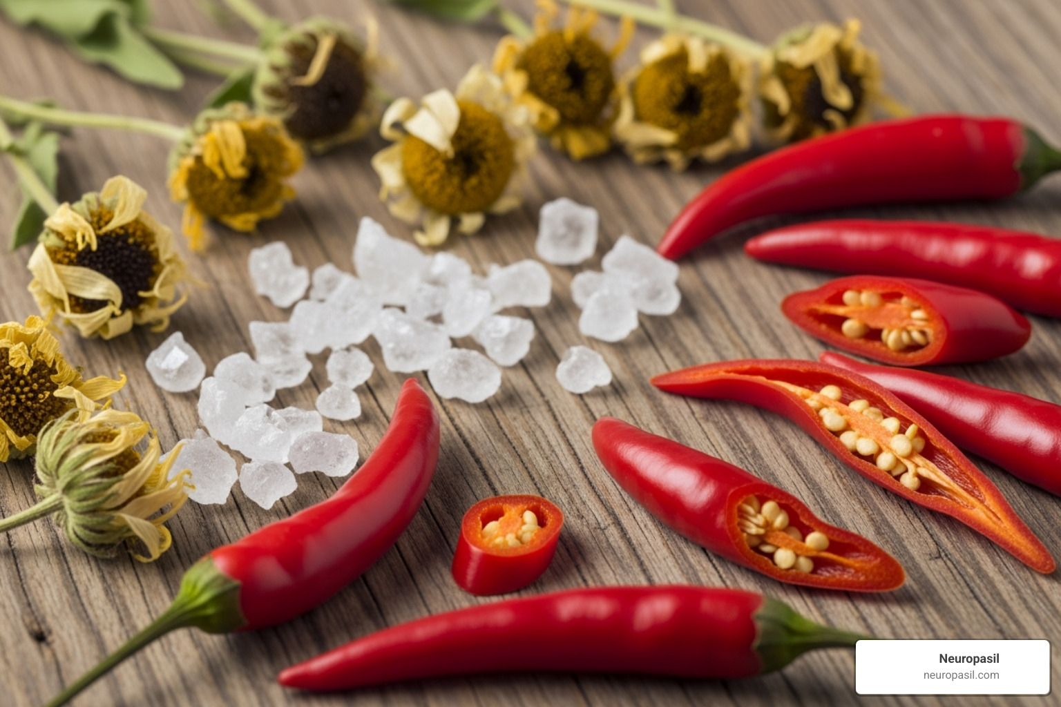 image of key ingredients for pain relief creams including menthol crystals, arnica flowers, and capsaicin peppers on a wooden background - Leg pain relief cream