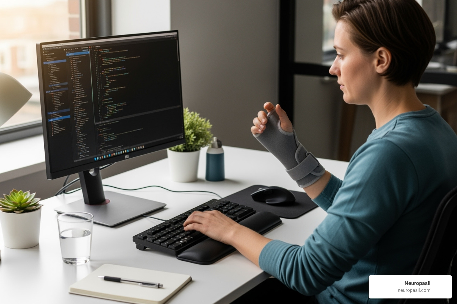 Person wearing a wrist splint working at an ergonomically set up desk - nerve pain in hands