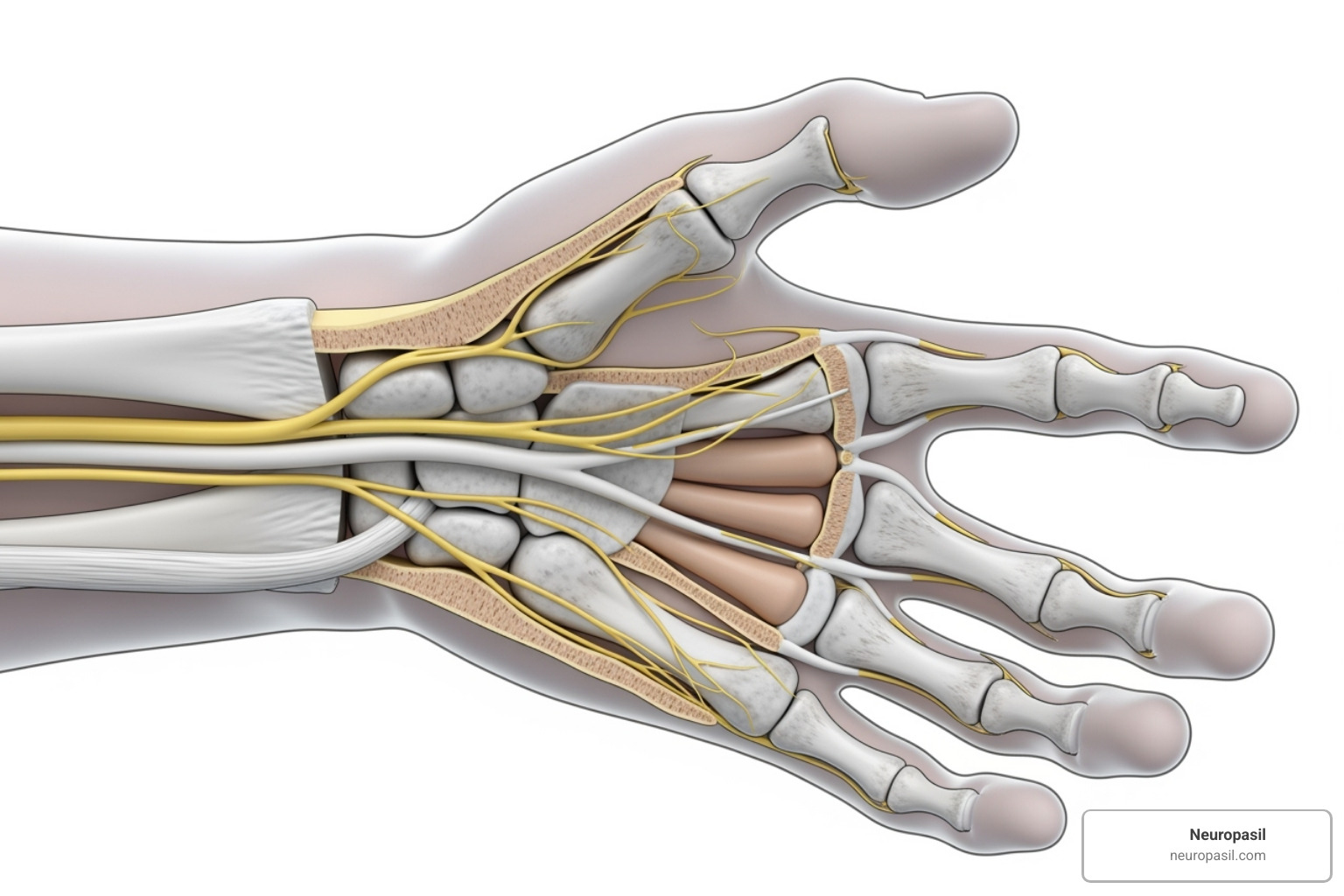Anatomy of the carpal tunnel showing the median nerve and tendons passing through the narrow space - nerve pain in hands