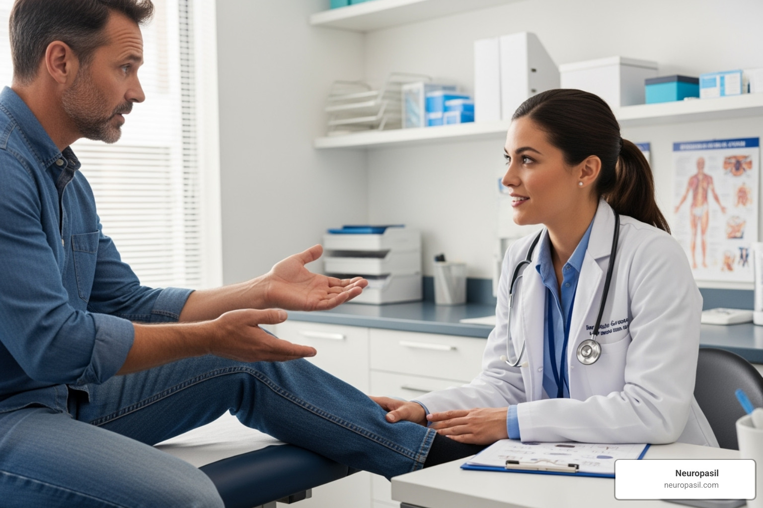 image of a patient talking to a doctor about leg pain, with the doctor listening attentively - Leg pain relief cream