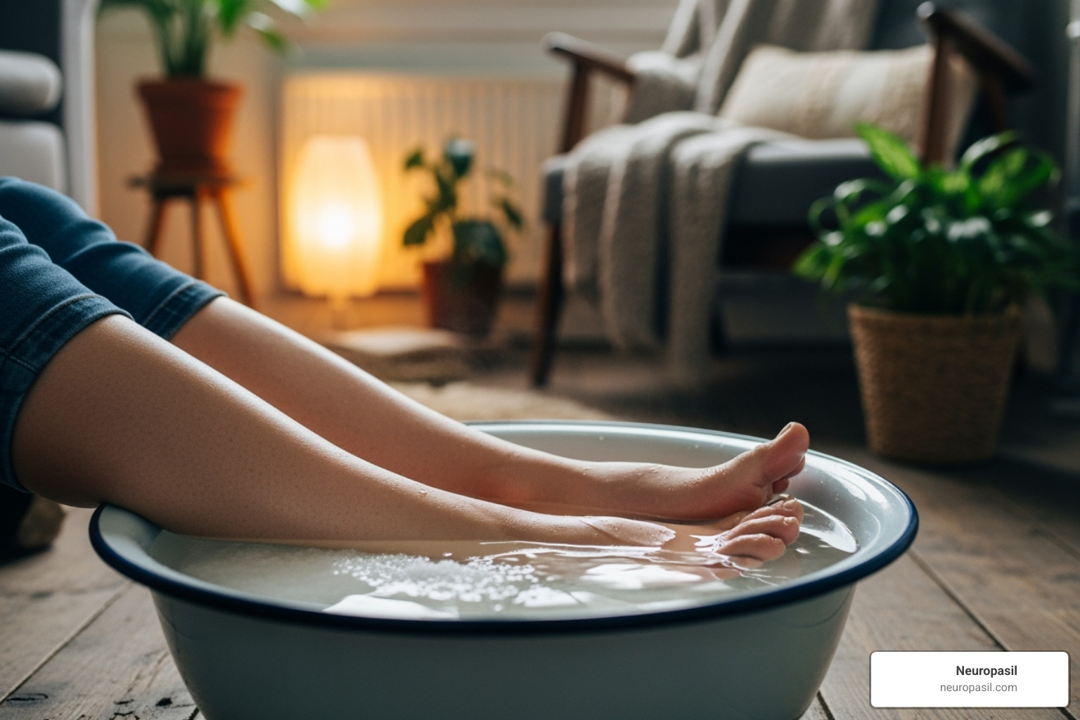 person enjoying a warm foot soak with Epsom salts - home remedies for nerve pain in feet and legs