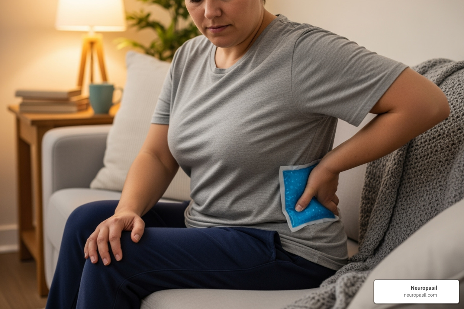 person applying cold pack to lower back - relieve back nerve pain