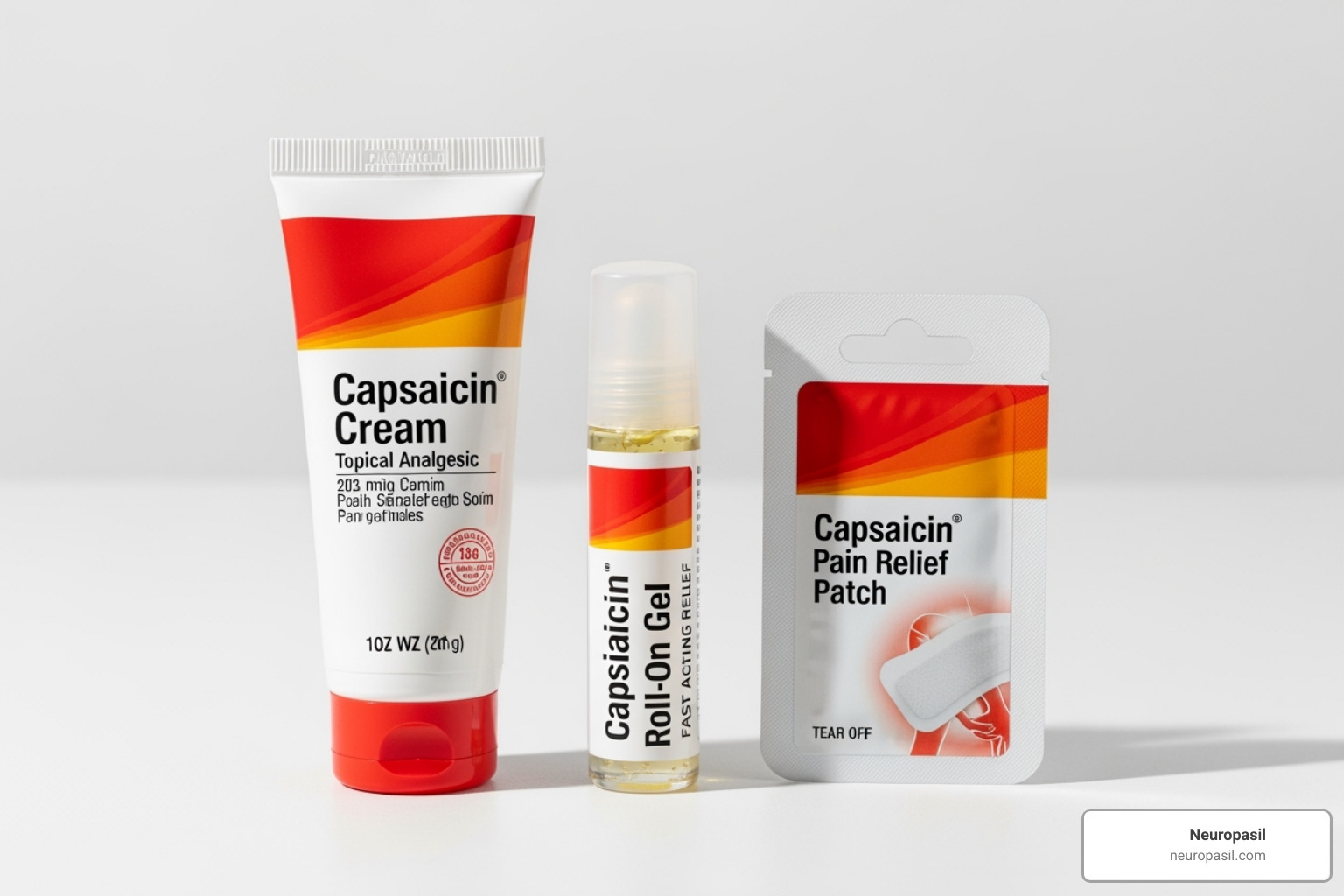 An image showing various capsaicin products including a tube of cream, a roll-on gel, and a pain relief patch, arranged neatly - capsaicin