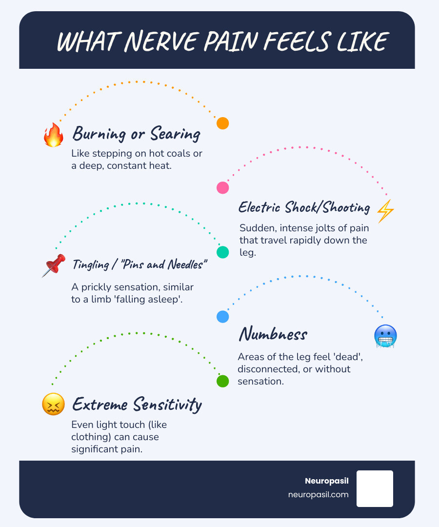Infographic showing common nerve pain sensations in the leg including burning sensations, electric shock-like pain, tingling pins and needles, numbness, shooting pain patterns, and sensitivity to touch with anatomical leg diagram - what does nerve pain feel like in leg infographic infographic-line-5-steps-blues-accent_colors