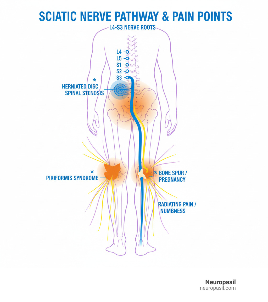 Infographic showing the sciatic nerve pathway from L4-S3 nerve roots in the lower spine, through the buttocks, down the back of the thigh and calf, illustrating common compression points and pain radiation patterns - what causes sciatic nerve pain infographic 