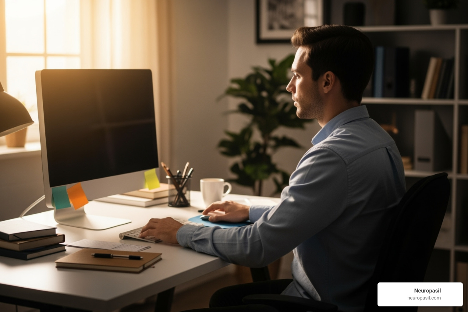 person maintaining good posture while working at a desk - sciatica pain solution