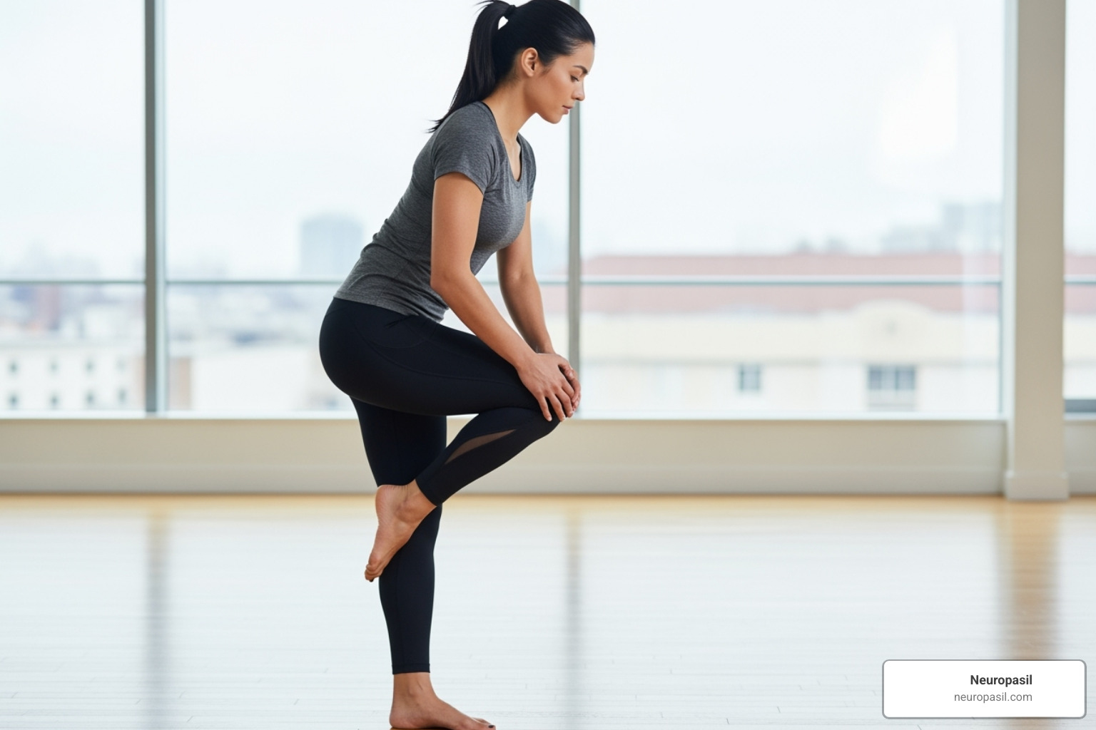 A person demonstrating a standing piriformis stretch - relieve sciatic nerve