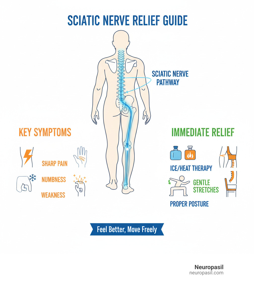 Comprehensive infographic showing sciatic nerve pathway from lower back to foot, key symptoms including sharp pain, numbness, tingling, and weakness, plus immediate relief methods like ice/heat therapy, gentle stretches, and proper posture - relieve sciatic nerve infographic 