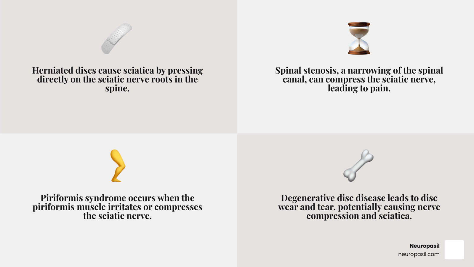 Infographic showing common causes of sciatica including herniated discs pressing on nerve roots, spinal stenosis narrowing the spinal canal, piriformis syndrome with muscle compression, and degenerative disc disease affecting vertebrae alignment - medication for sciatica infographic 4_facts_emoji_grey