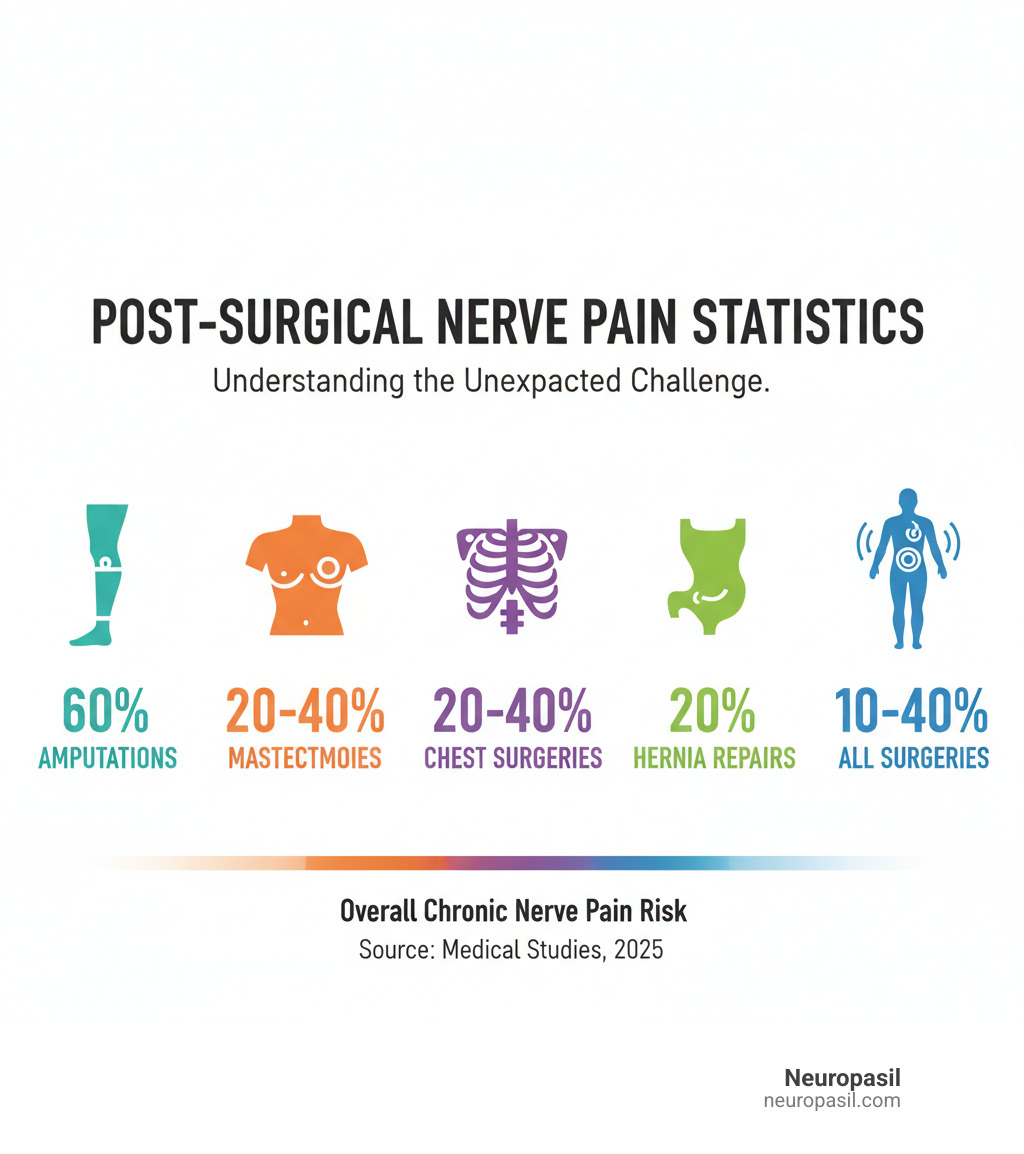 Infographic showing post-surgical nerve pain statistics: 60% of amputations result in nerve pain, 20-40% of mastectomies cause nerve pain, 20-40% of chest surgeries lead to nerve pain, 20% of hernia repairs result in nerve pain, and overall 10-40% of all surgeries can cause chronic nerve pain - Post-op nerve pain infographic 