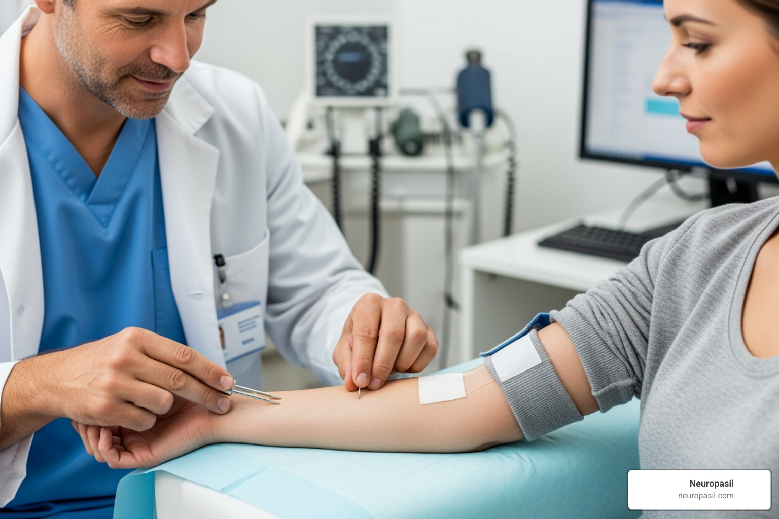 A doctor performing a sensory test on a patient's arm, checking for nerve response - Post-op nerve pain