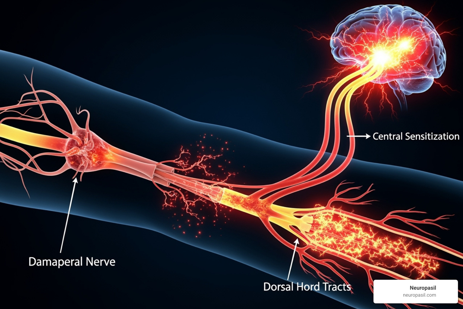 Diagram showing how a peripheral nerve injury can lead to central sensitization in the spinal cord and brain, resulting in chronic pain - Post-op nerve pain