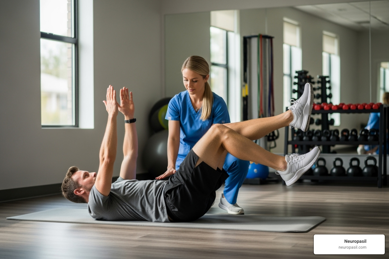 Image of a patient working with a physical therapist on a core-strengthening exercise - medication for sciatica
