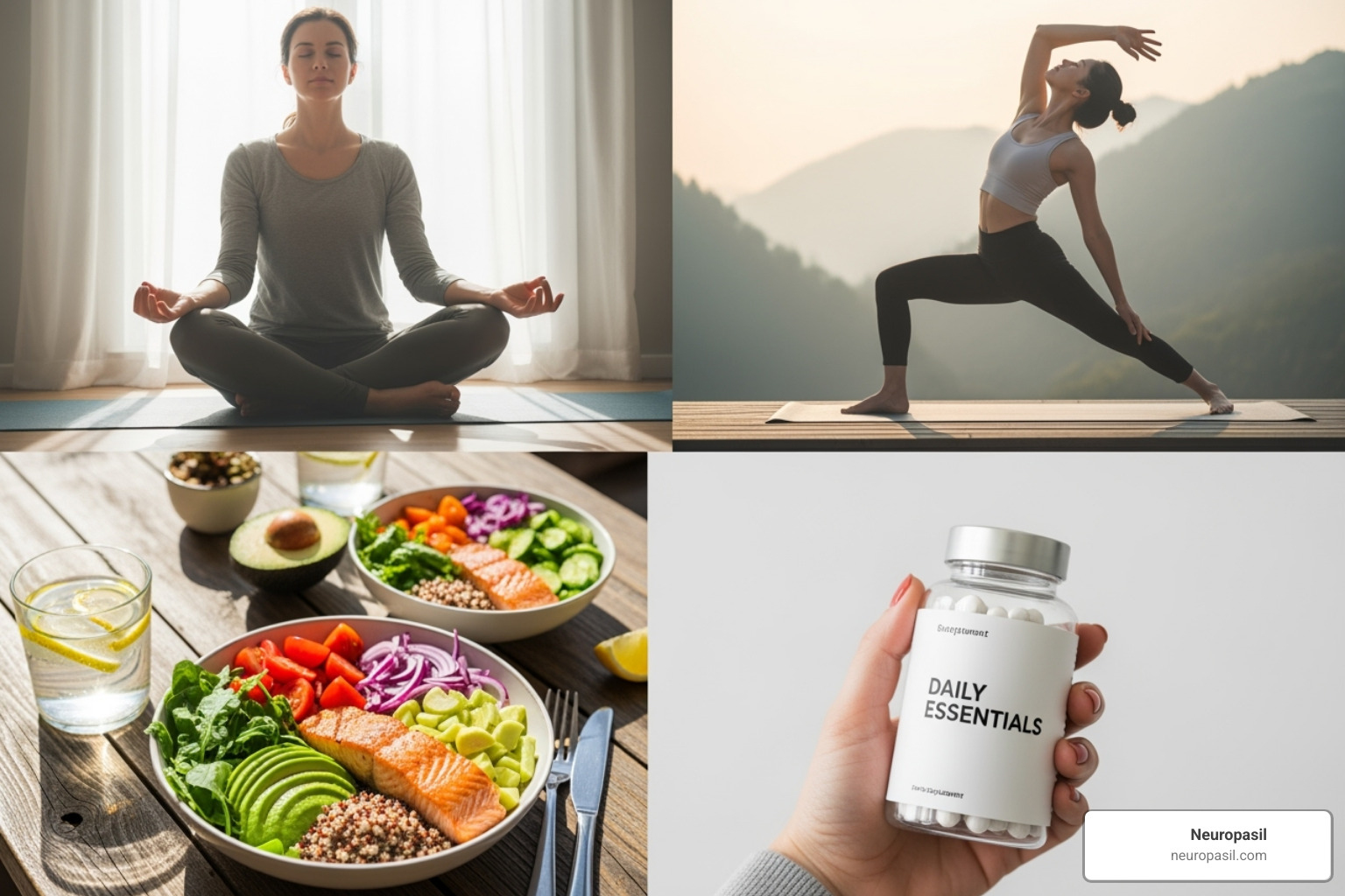 Image illustrating a holistic approach to nerve health, showing a person meditating, doing yoga, eating healthy, and taking supplements, all connected by lines to a healthy brain and nervous system - medication for sciatica