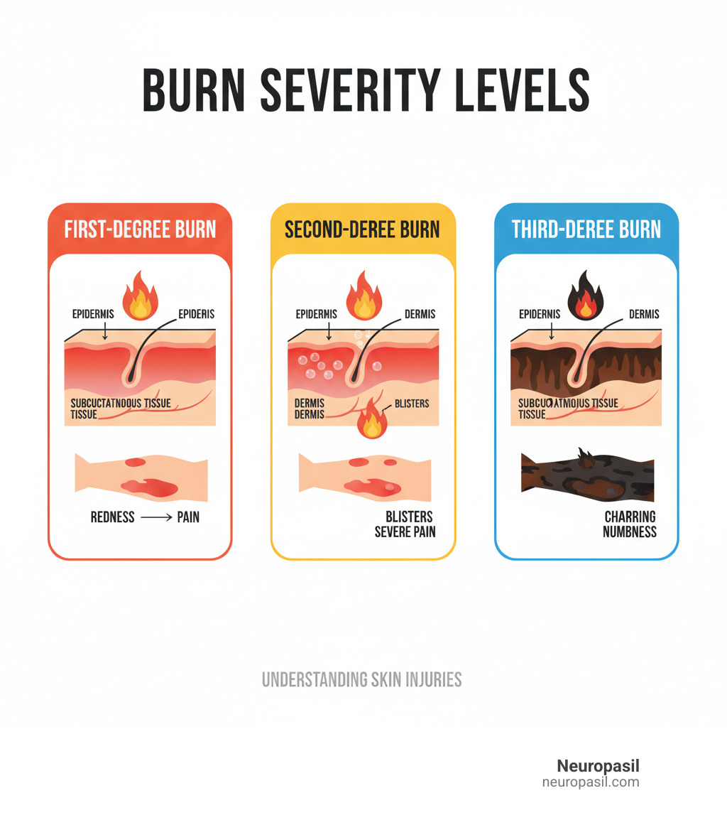 Infographic showing the three layers of skin (epidermis, dermis, and subcutaneous tissue) with visual representations of how first-degree burns affect only the epidermis causing redness, second-degree burns penetrate into the dermis causing blisters and severe pain, and third-degree burns go through all layers causing charring and numbness - cream for burning infographic 