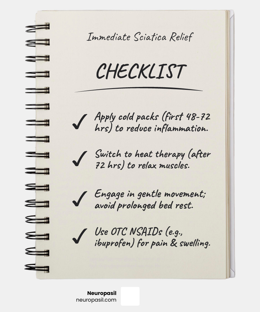 infographic showing immediate sciatica relief methods including ice therapy on lower back, gentle stretching positions, anti-inflammatory medications, and the path of sciatic nerve pain from spine down through buttocks and leg - how can i alleviate sciatica pain infographic checklist-notebook