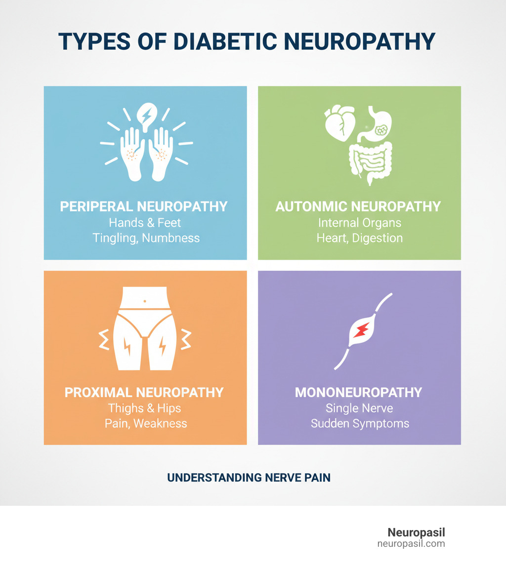 Infographic showing the four main types of diabetic neuropathy: Peripheral neuropathy affecting hands and feet with symptoms of tingling and numbness, Autonomic neuropathy affecting internal organs like heart and digestive system, Proximal neuropathy affecting thighs and hips with pain and weakness, and Mononeuropathy affecting single nerves with sudden onset symptoms - diabetic nerve pain infographic 