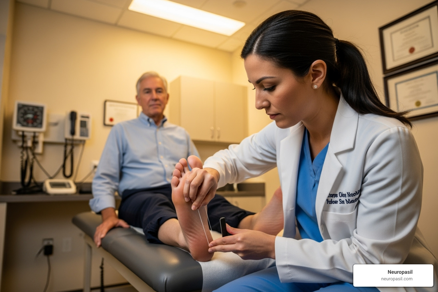 doctor performing monofilament test - diabetic nerve pain