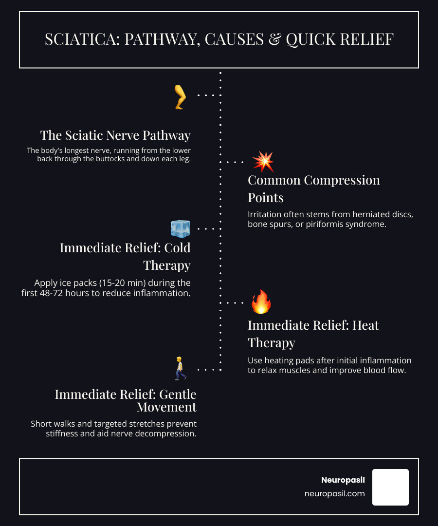 Detailed infographic showing the sciatic nerve pathway from the lumbar spine through the buttocks and down both legs, with common compression points highlighted and immediate relief methods illustrated - Fast sciatica pain relief infographic infographic-line-5-steps-dark