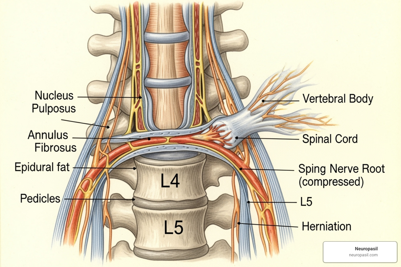 Diagram showing a herniated disc pressing on a nerve root, illustrating the cause of sciatica - Fast sciatica pain relief