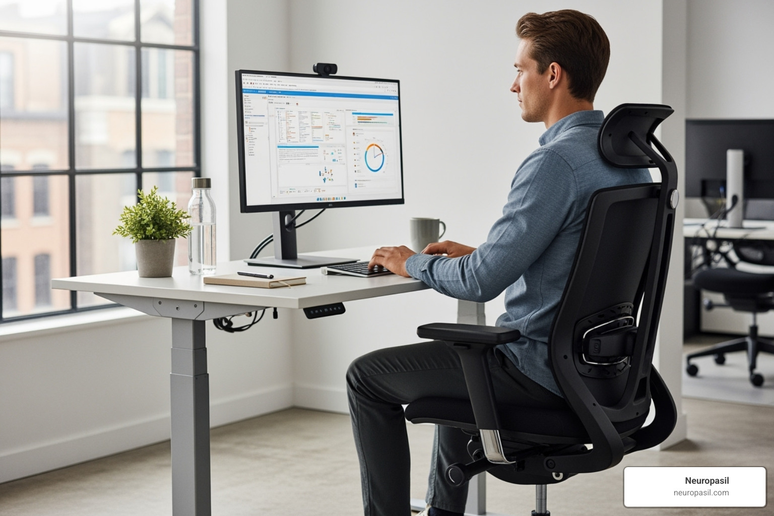 A person maintaining good posture while sitting at a desk, illustrating healthy ergonomics - arthritis pain relief