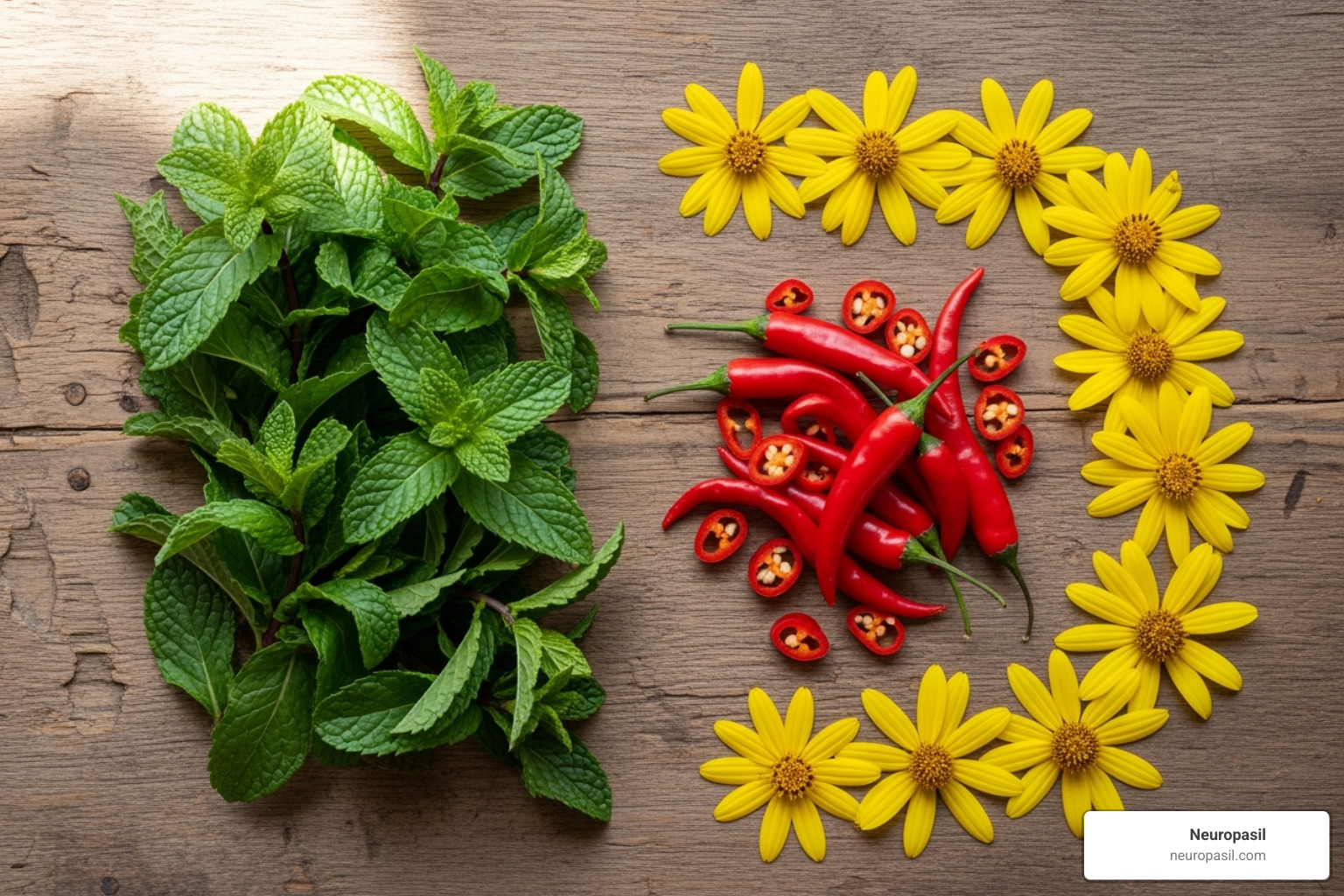 various cream ingredients like mint leaves, chili peppers, and arnica flowers - nerve pain numbing cream