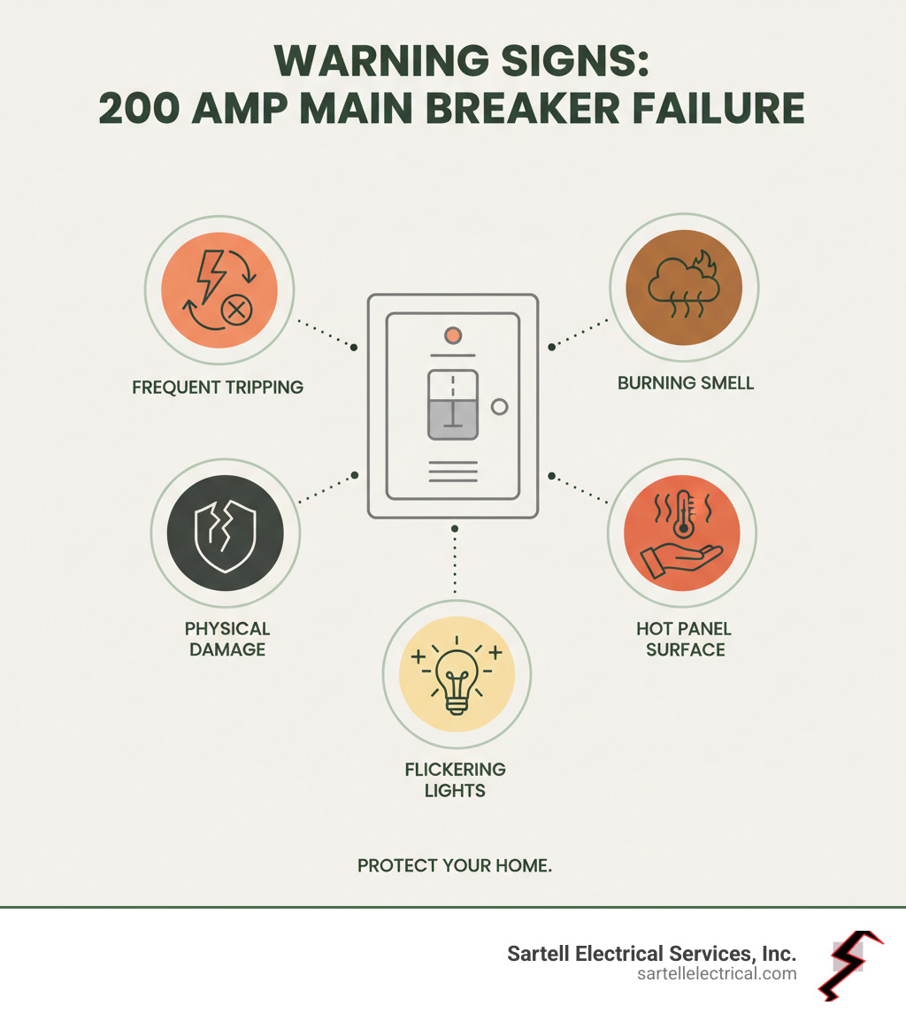 Infographic showing warning signs of a failing 200 amp main breaker including frequent tripping, burning smell, physical damage, hot panel surface, and flickering lights throughout the home - cost to replace 200 amp main breaker infographic 