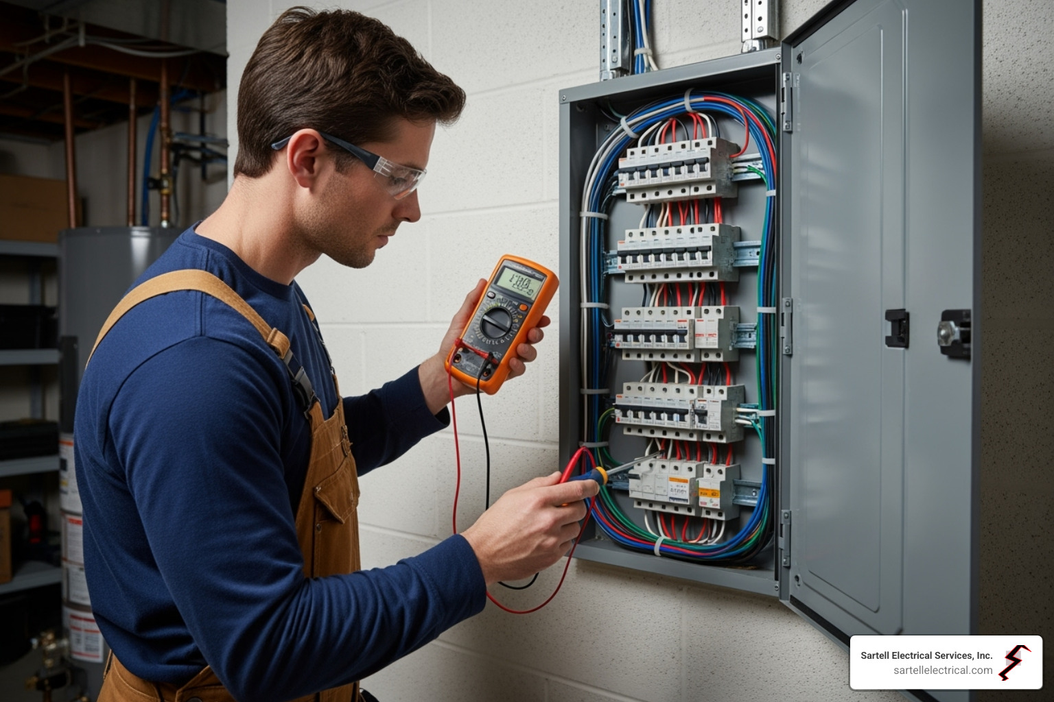 Electrician inspecting electrical panel - cost to replace 200 amp main breaker