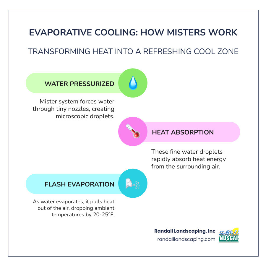 Infographic showing evaporative cooling process with water mister hose creating fine droplets that absorb heat and evaporate, reducing ambient temperature by 20-25 degrees through flash evaporation - water mister hose infographic infographic-line-3-steps-colors