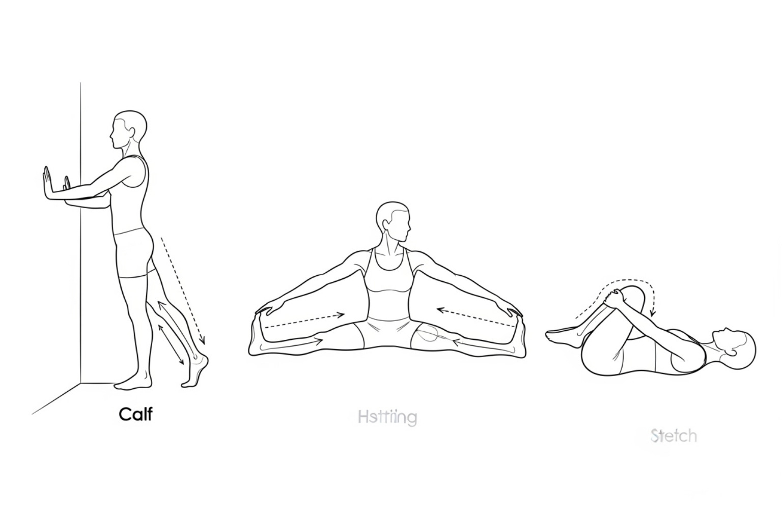 diagrams showing stretches for calf, hamstring, and back spasms - muscle spasm relief