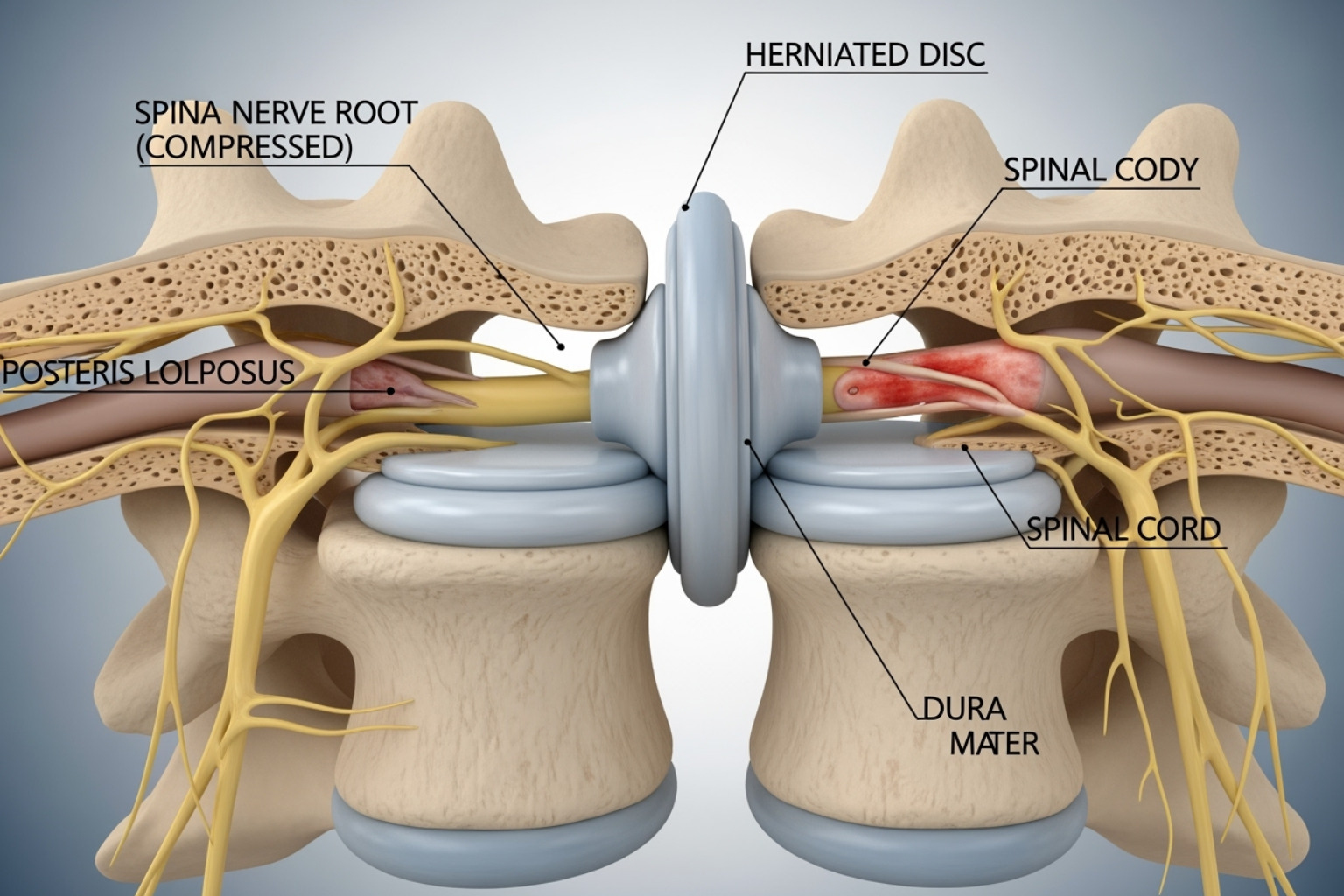 Image of a herniated disc pressing on a nerve root - sciatica back pain