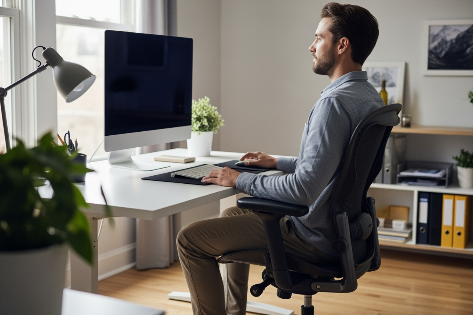 Image of correct sitting posture at a desk, showing a straight back, feet flat on the floor, and ergonomic screen height - sciatica back pain
