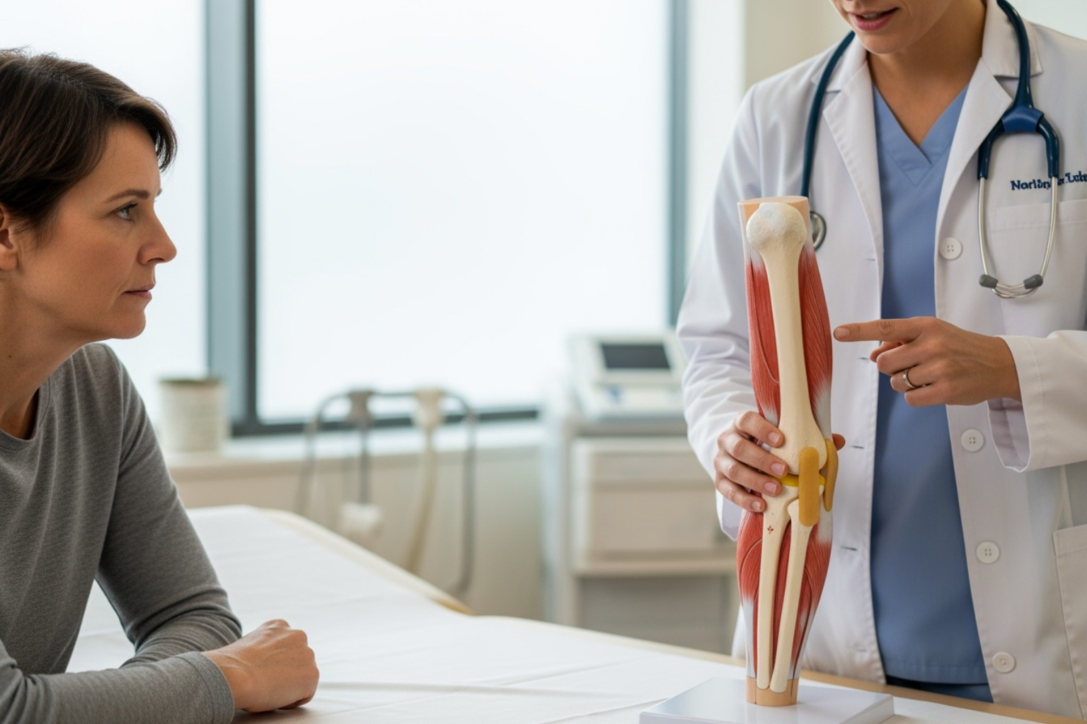 Image of a patient in a consultation with a healthcare provider, pointing to a limb model - targeted muscle pain