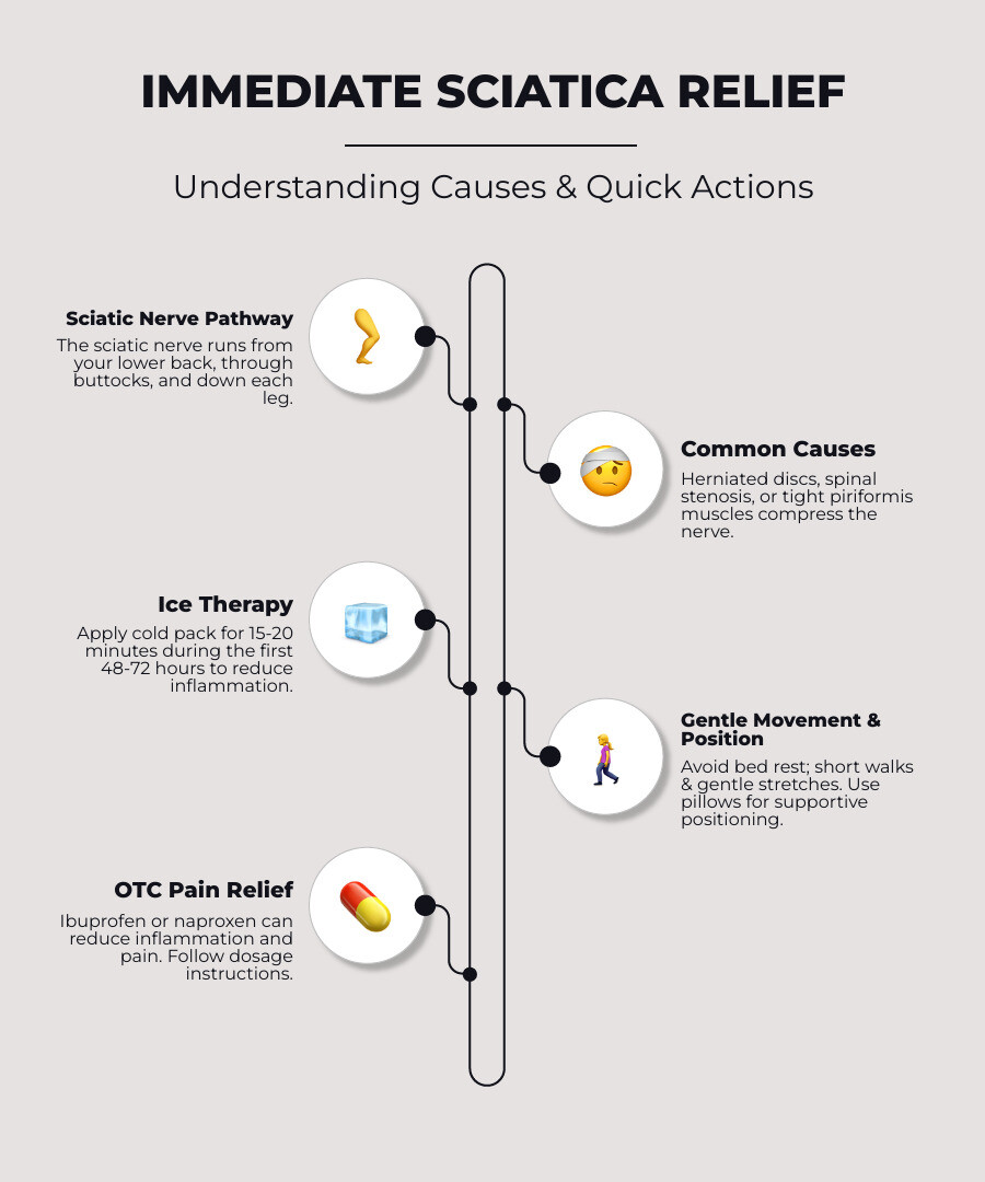 Comprehensive infographic showing the sciatic nerve pathway from lower back to foot, common causes including herniated discs and spinal stenosis, and immediate relief methods including ice therapy, gentle stretches, proper positioning, and anti-inflammatory medications with specific timing and application instructions - immediate relief sciatica infographic infographic-line-5-steps-neat_beige