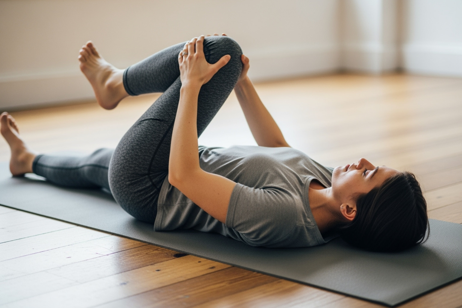 A person demonstrating a gentle knee-to-chest stretch on the floor - immediate relief sciatica