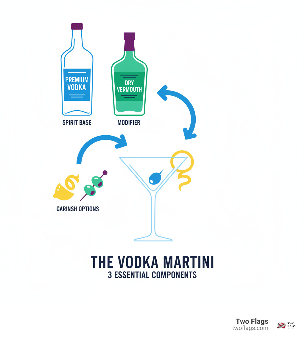 Infographic showing the three core components of a vodka martini: premium vodka bottle labeled as the spirit base, dry vermouth bottle as the modifier, and various garnish options including lemon twist and olives, with arrows pointing to a finished martini glass - how to make a vodka martini infographic 
