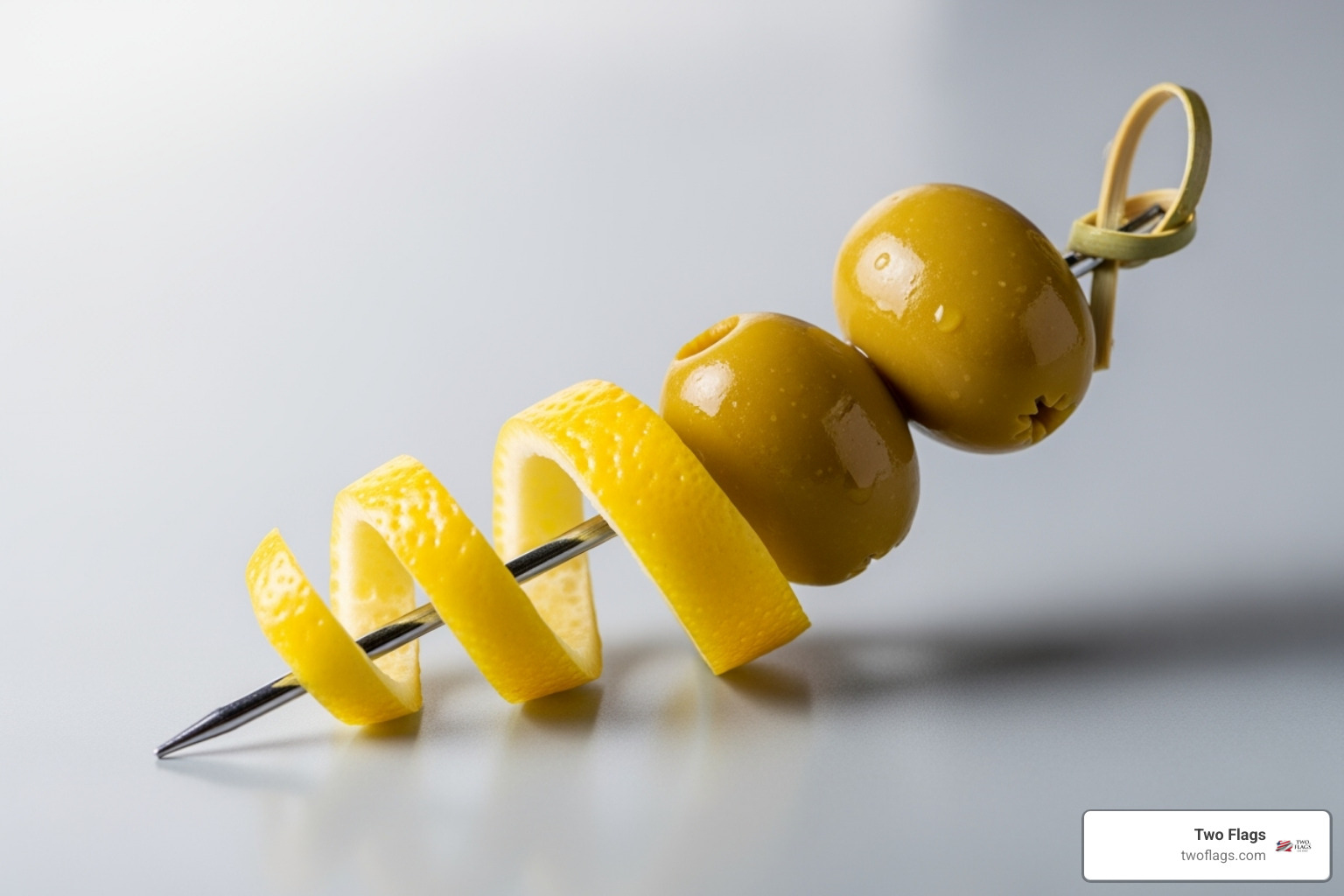 various garnishes like a lemon twist and olives - how to make a vodka martini