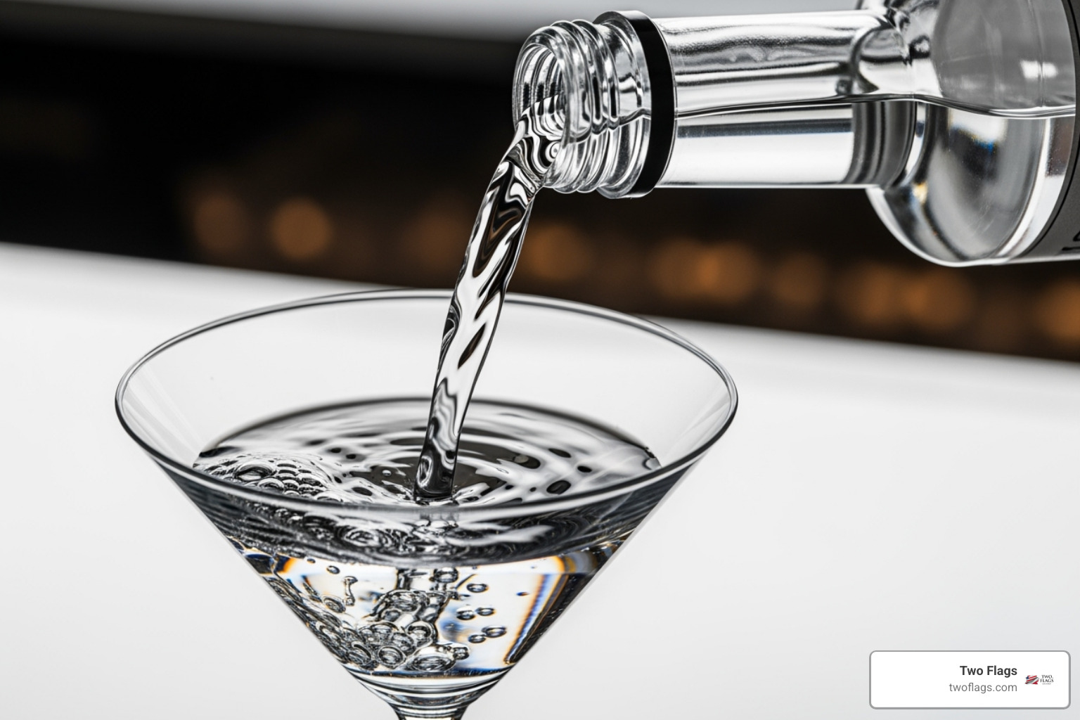 crystal clear vodka being poured - how to make a vodka martini