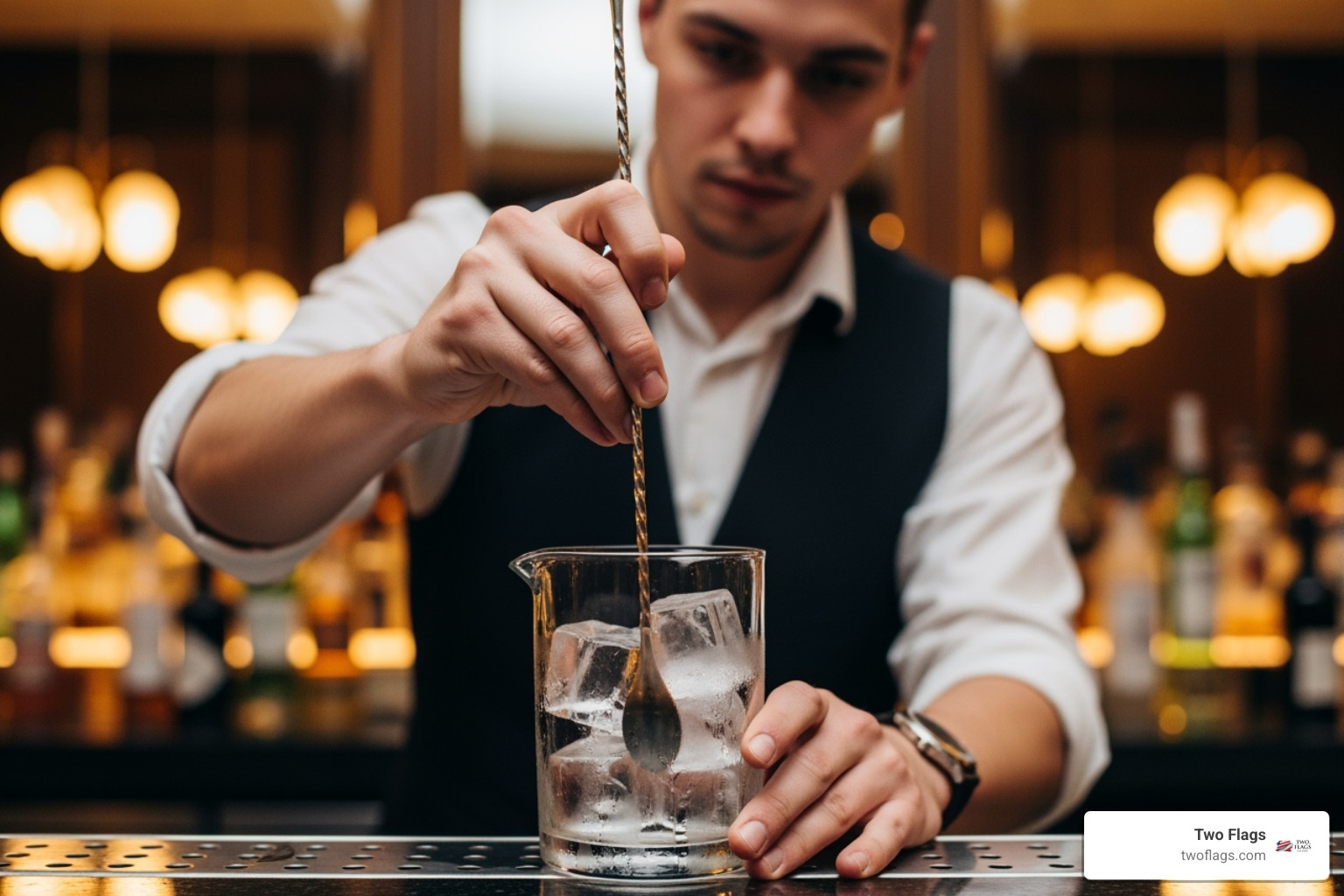 bartender stirring a martini in a mixing glass - how to make a vodka martini