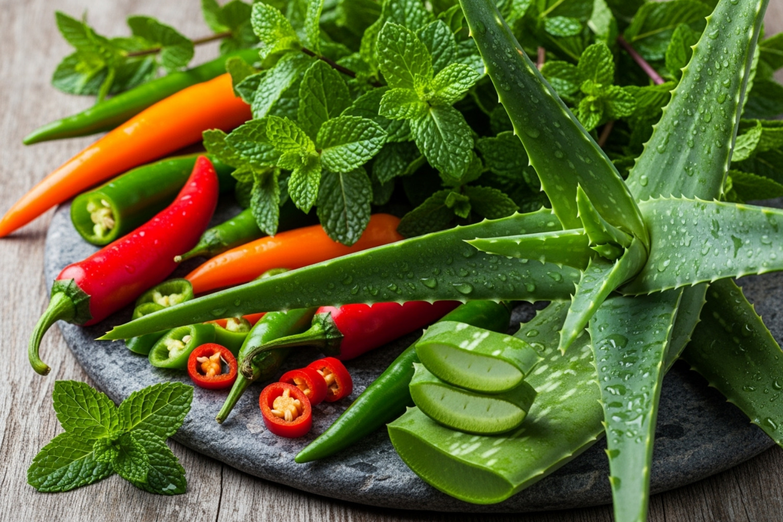key natural ingredients like chili peppers (capsaicin), mint leaves (menthol), and aloe vera - neuropathy cream