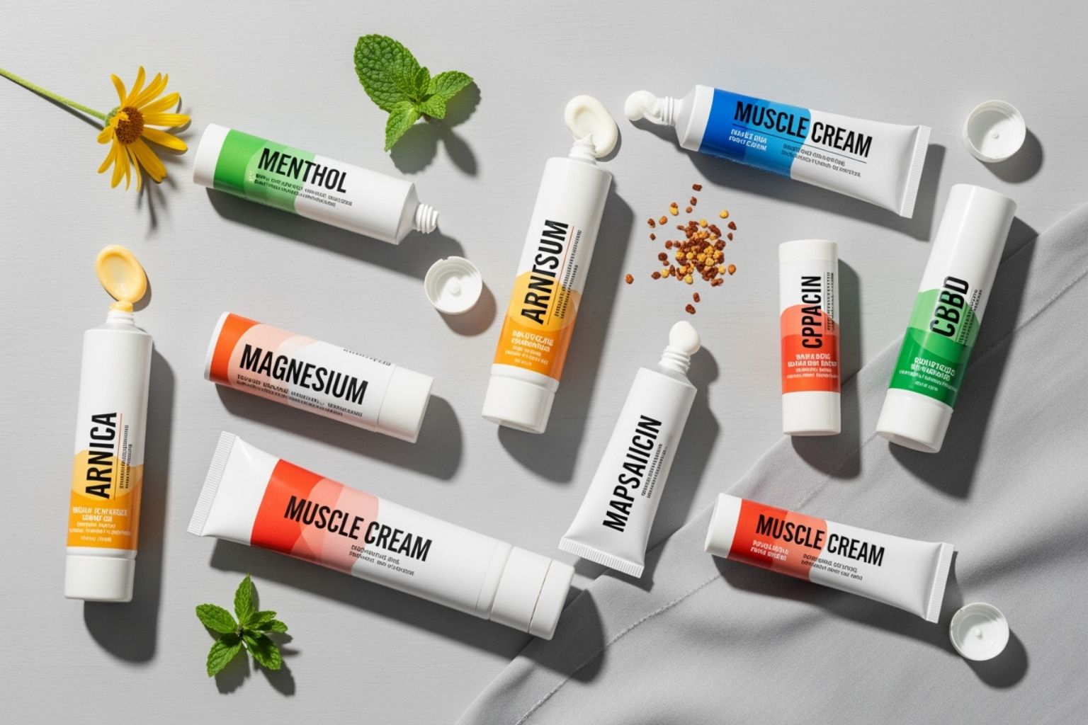 various muscle cream tubes showing different key ingredients - muscle relaxer topical