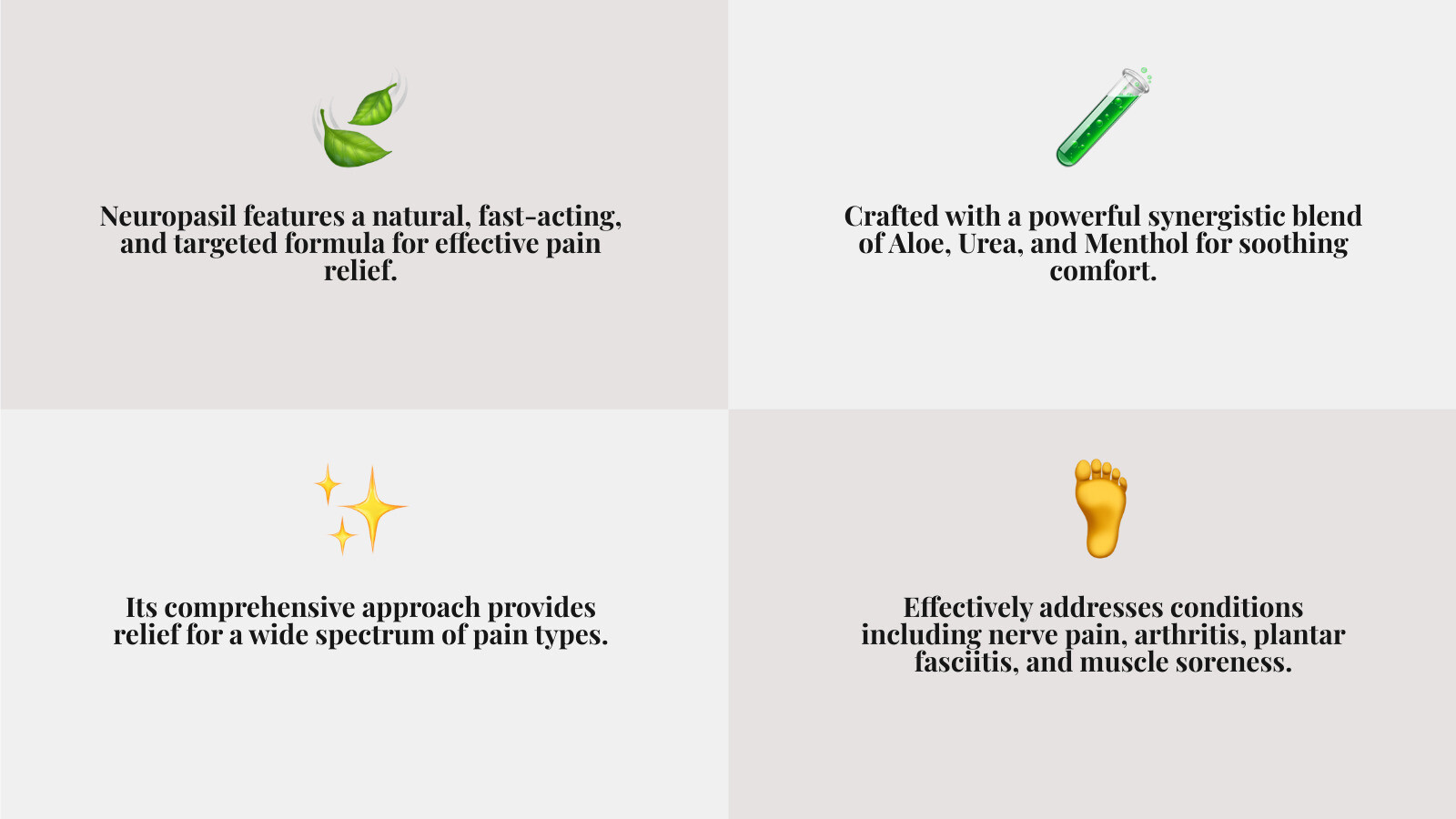 Infographic highlighting Neuropasil's natural, targeted formula - foot pain cream infographic 4_facts_emoji_grey