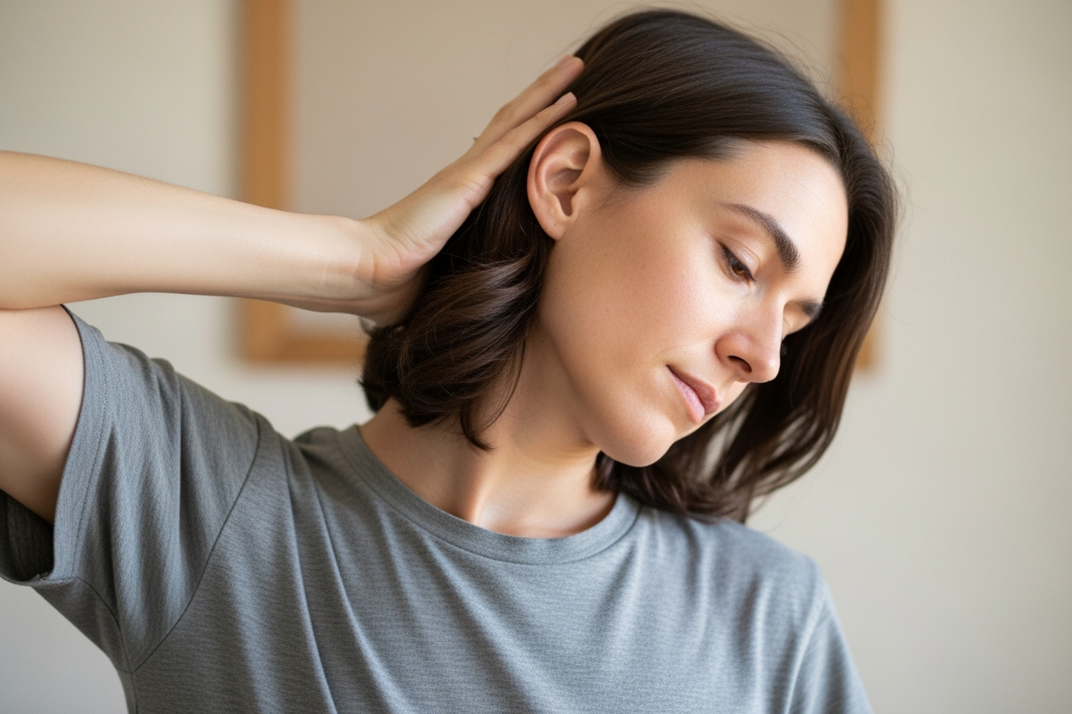 Person performing a gentle neck stretch - neck and shoulder pain