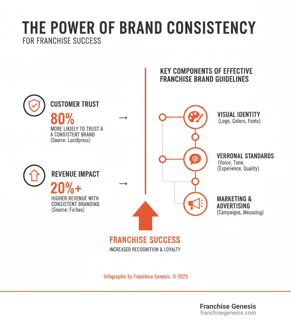 Detailed infographic showing the relationship between brand consistency and franchise success, including statistics on customer trust, revenue impact, and the key components that make up effective franchise brand guidelines - Franchise brand guidelines infographic 