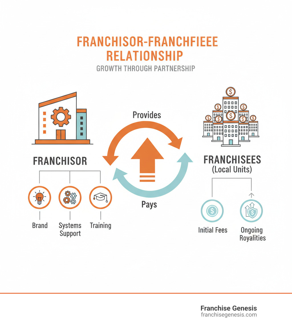 Infographic showing the franchisor-franchisee relationship with the franchisor providing brand, systems, training, and ongoing support in exchange for initial franchise fees and ongoing royalties from franchisees who operate local units under the established brand name - Franchising a business infographic 