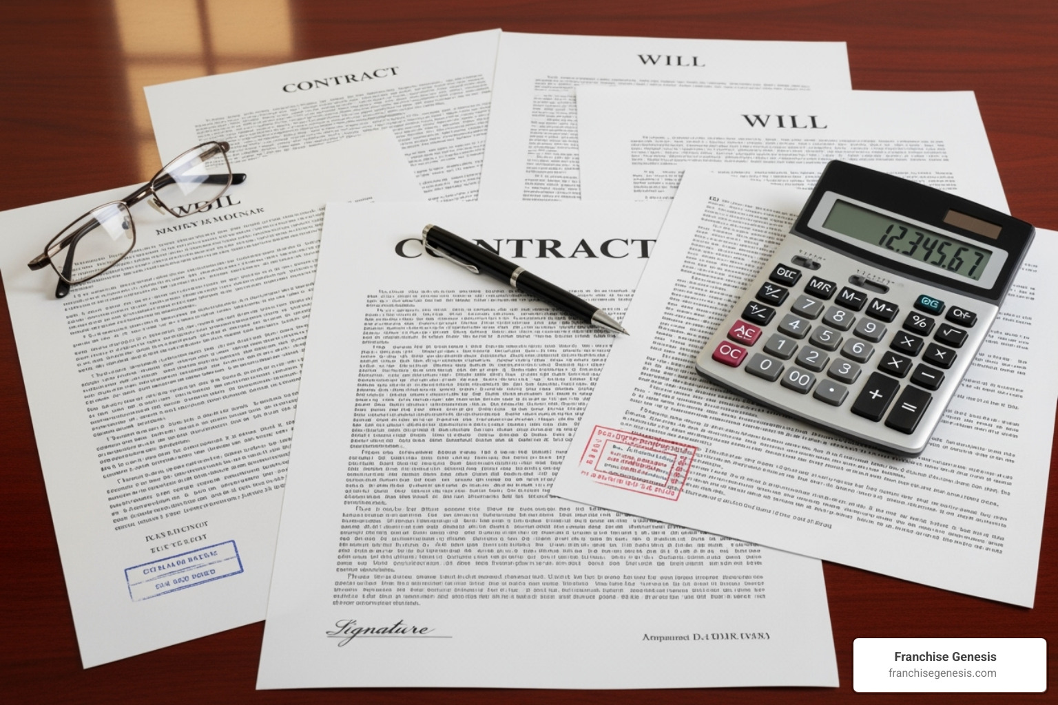 Legal documents next to a calculator and a pen - Franchising a business