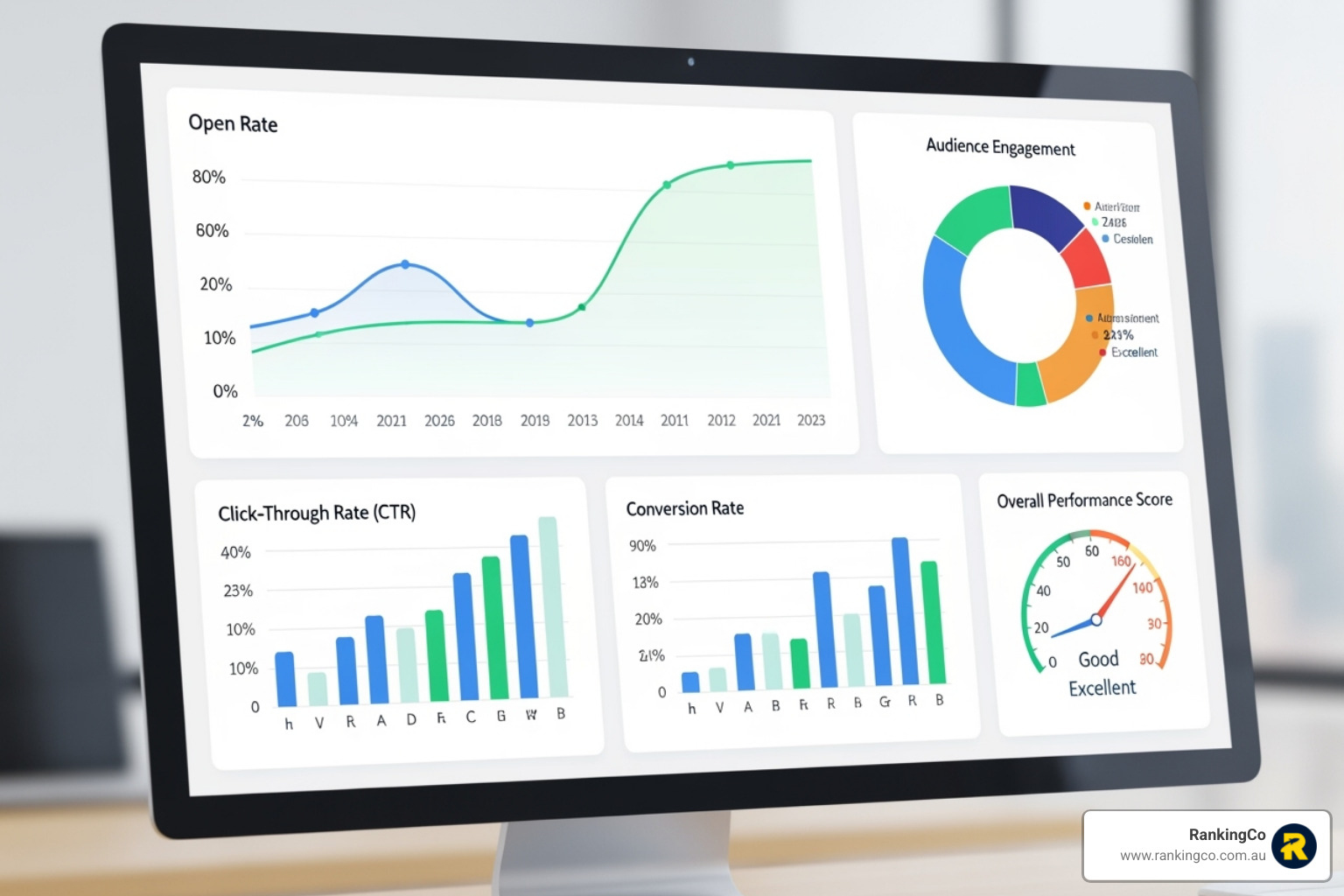 Marketing dashboard showing key email metrics like open rate, CTR, and conversion rate - email automation perth